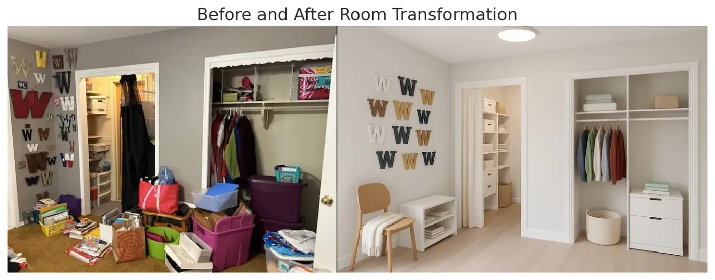 Side-by-side comparison showing a cluttered, outdated room on the left and a clean, modern virtual transformation of the same space on the right, featuring organized storage, minimal furniture, and improved lighting. Demonstrates the impact of virtual staging using ImmoMagic.